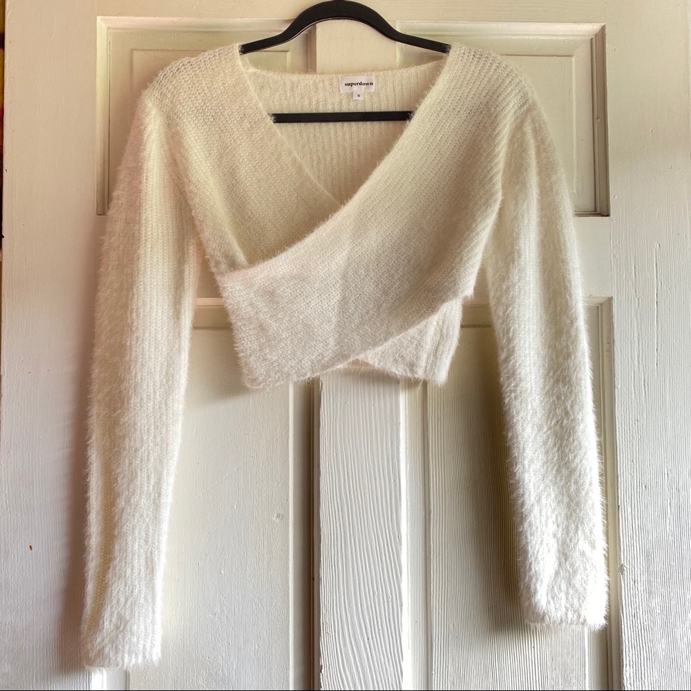 Superdown fuzzy wrap crop knitted sweater Sz S